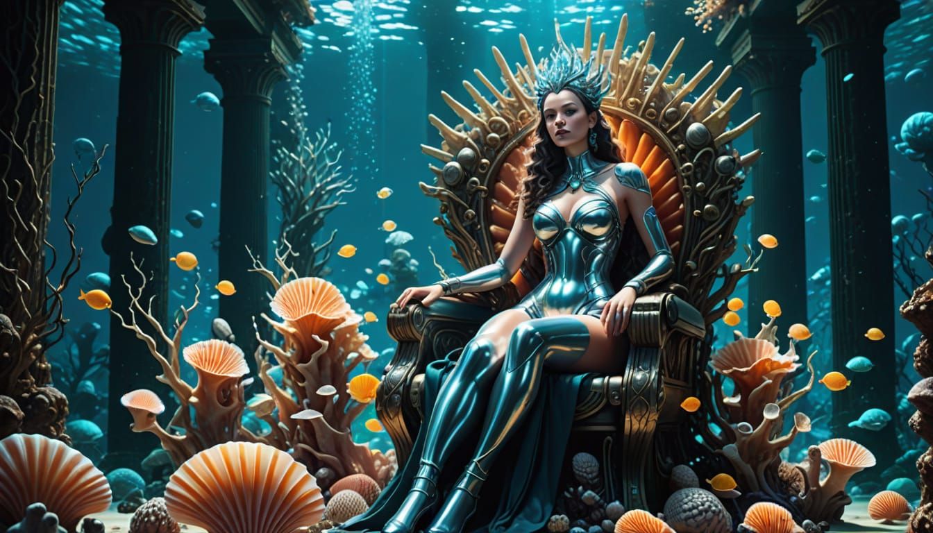 Chrome Goddess on Seashell Throne in Underwater Temple