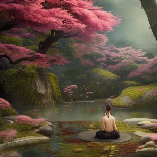 Japanese Shaman Meditating Under Cherry Blossoms