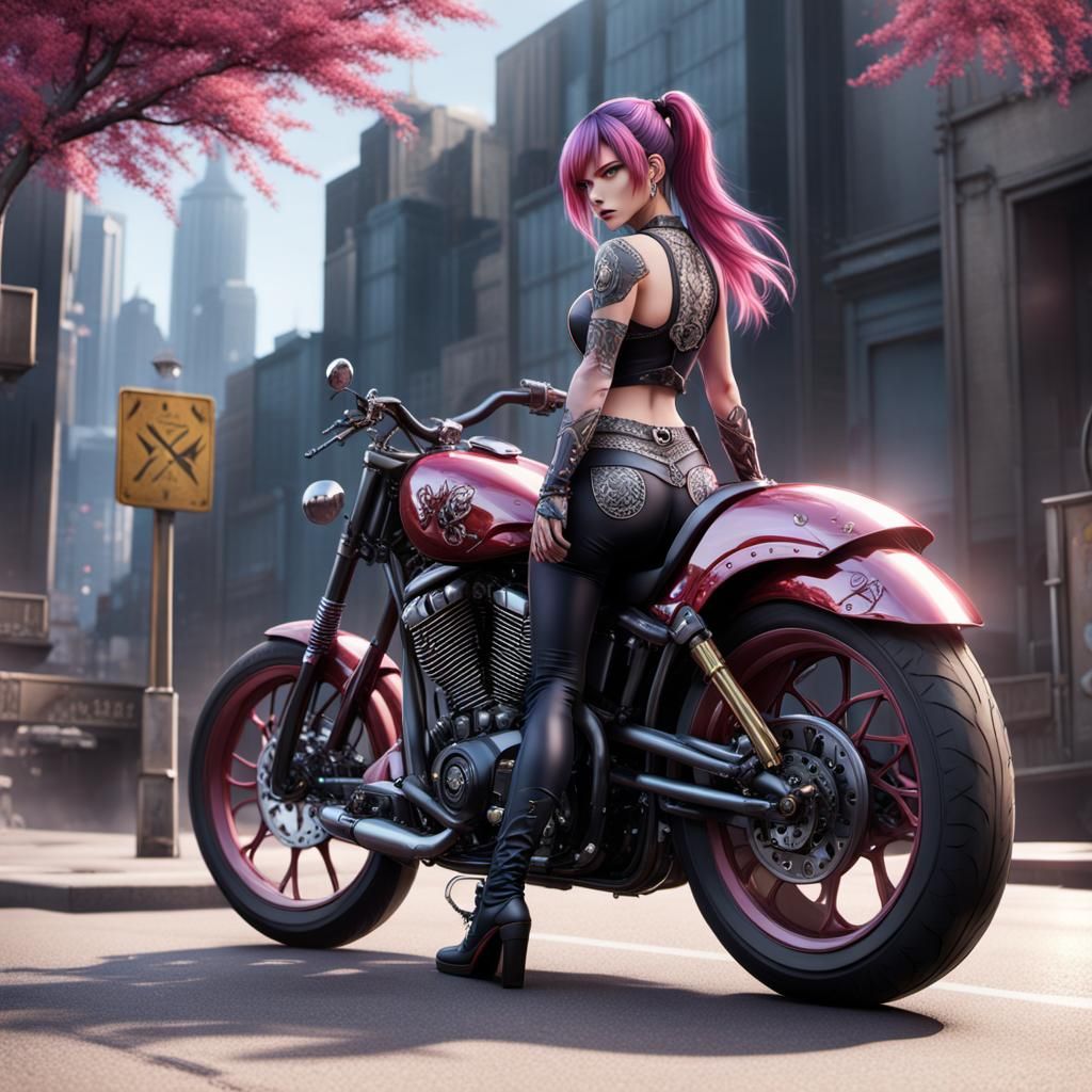 Glamorous Anime Biker Girl in Detailed Matte Painting