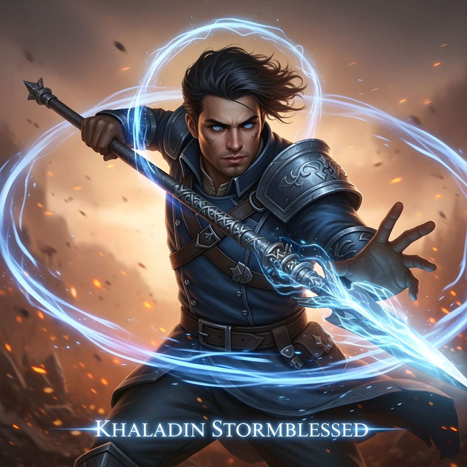 Powerful Man Surrounded by Swirling Blue Energy as Digital A...