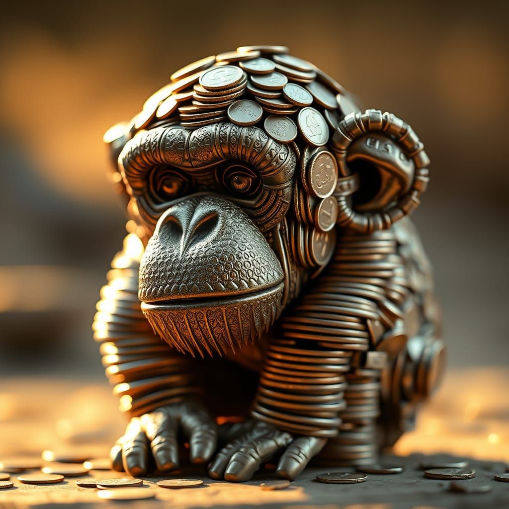 Coin Chimpanzee Sculpture in Hyperrealistic Digital Art Styl...