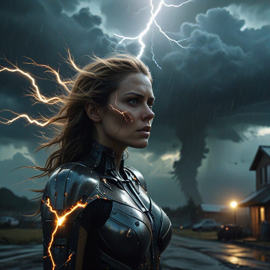 Dramatic Lightning Strikes a Woman in a Stormy Landscape