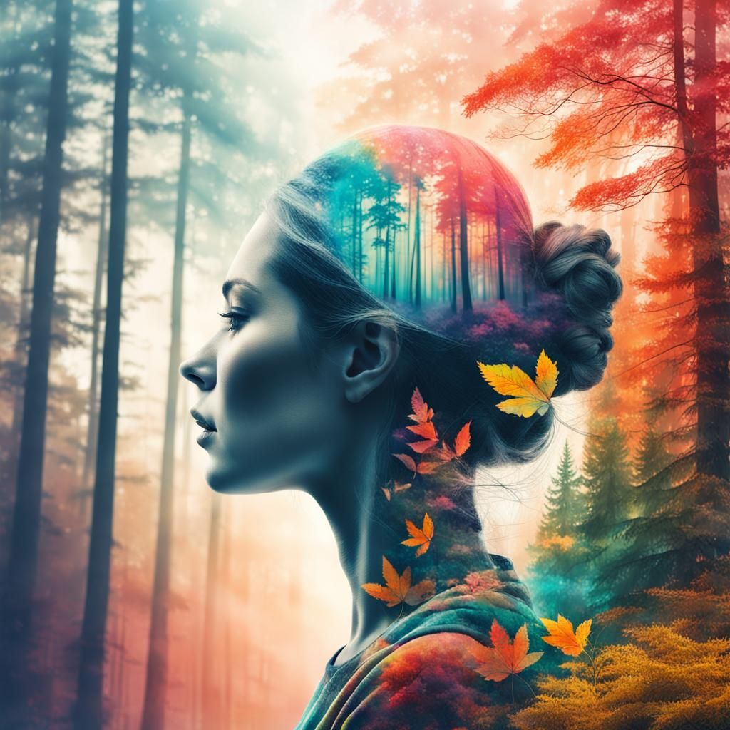 Double Exposure Portrait with Colorful Forest