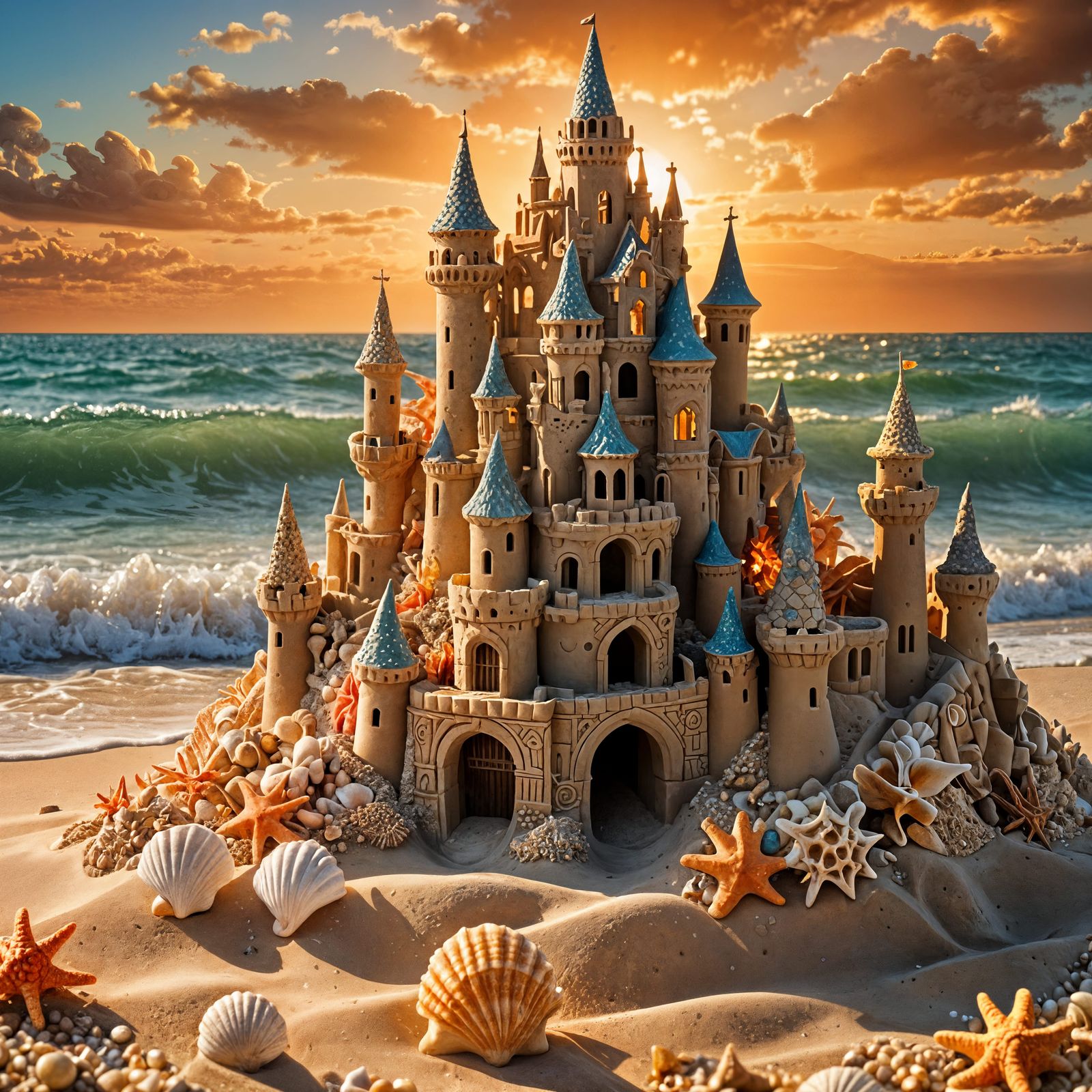 Epic Sandcastle with Seashell Mosaics at Sunset