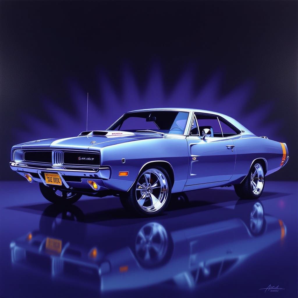 Shiny Silver 1969 Dodge Charger Oil Painting