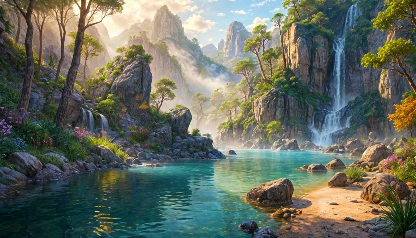 Tranquil Desert Oasis at Sunset in Hyperrealistic Style