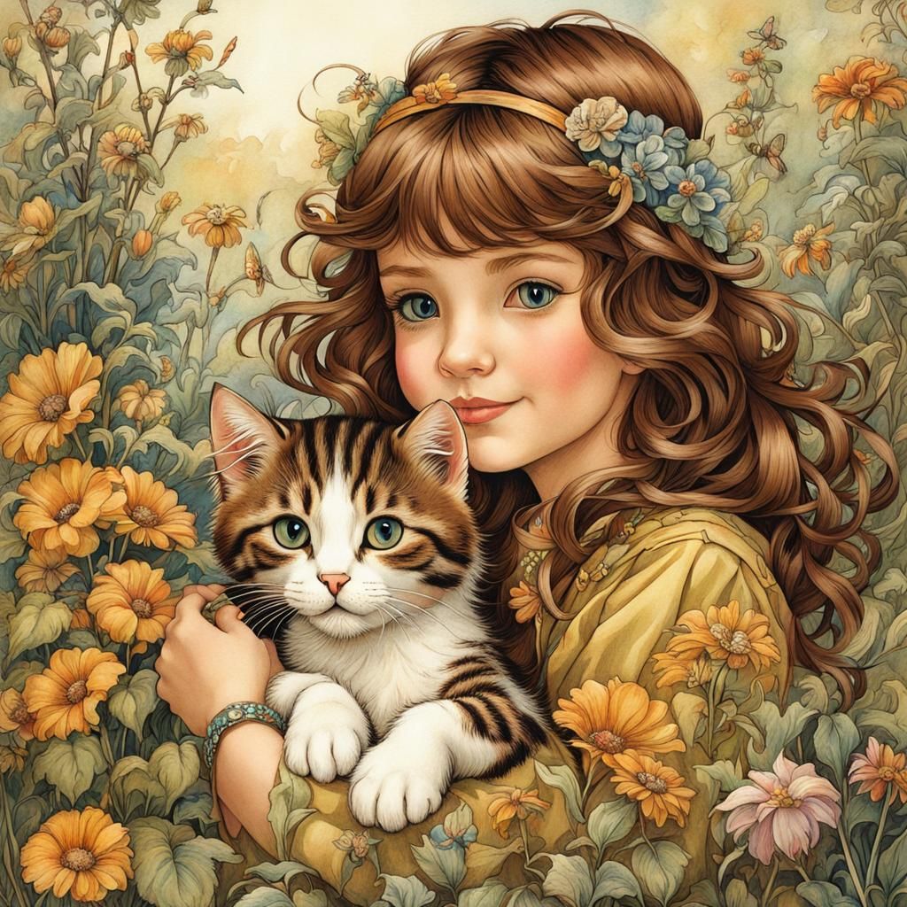 Girl and Kitten in Garden, Arthur Rackham Style