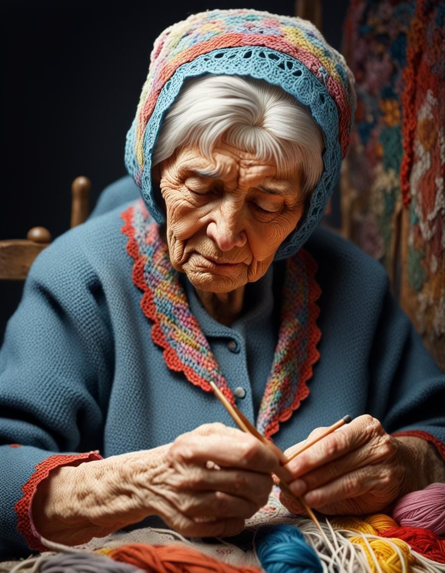 Russian Woman Knitting Needle Lace, Hyperrealistic Art