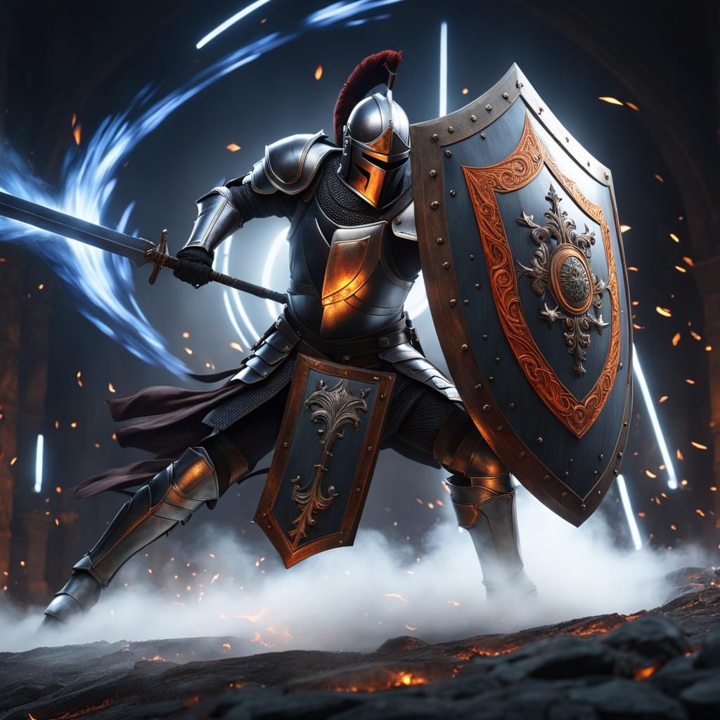 Ornate Shield on Battlefield with Knight in Action