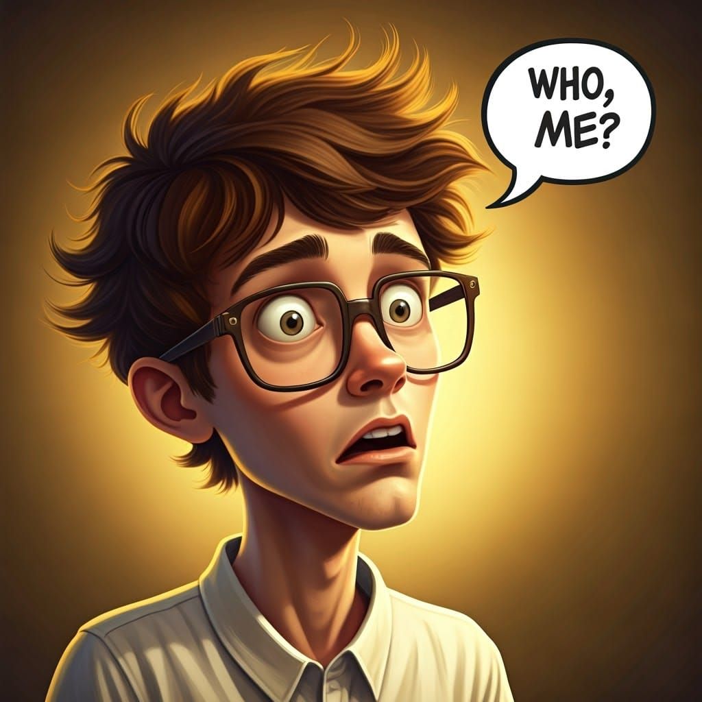 Startled Man with Thought Bubble in Fantasy Realism