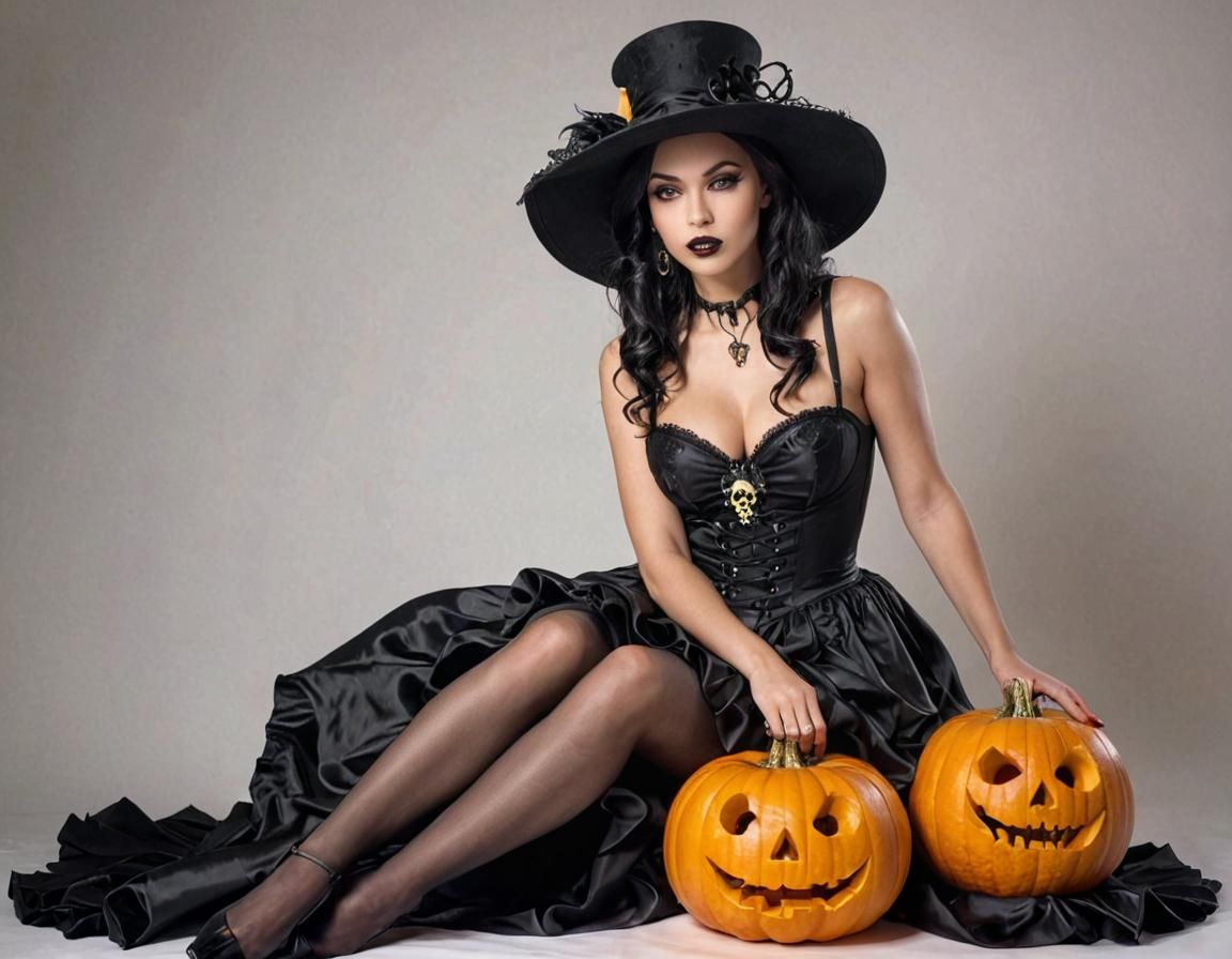 Gothic Pin-Up Woman with Pumpkin and Skull