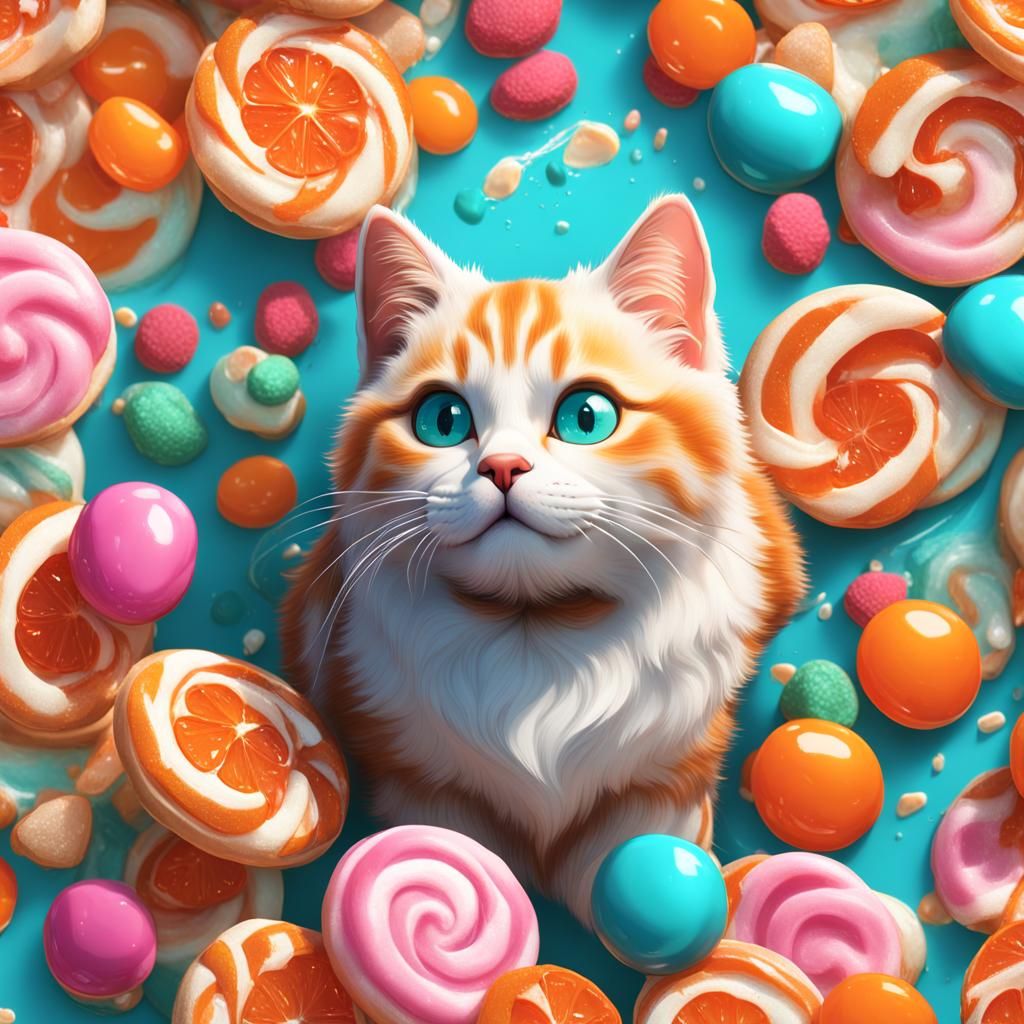 Cute Cats Licking Sour Cream in Candy Art Style