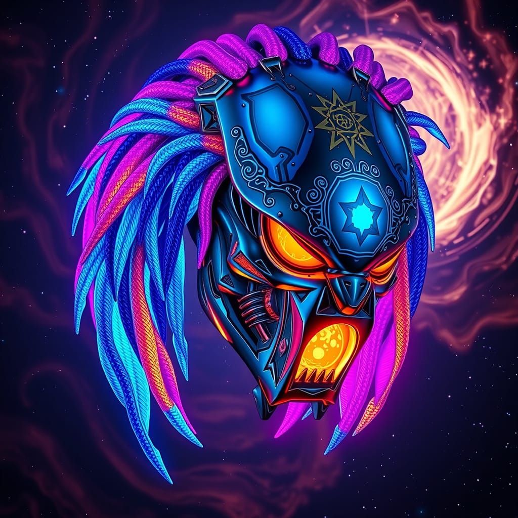 Gleaming Metallic Predator Head with Vibrant, Electric Blue ...