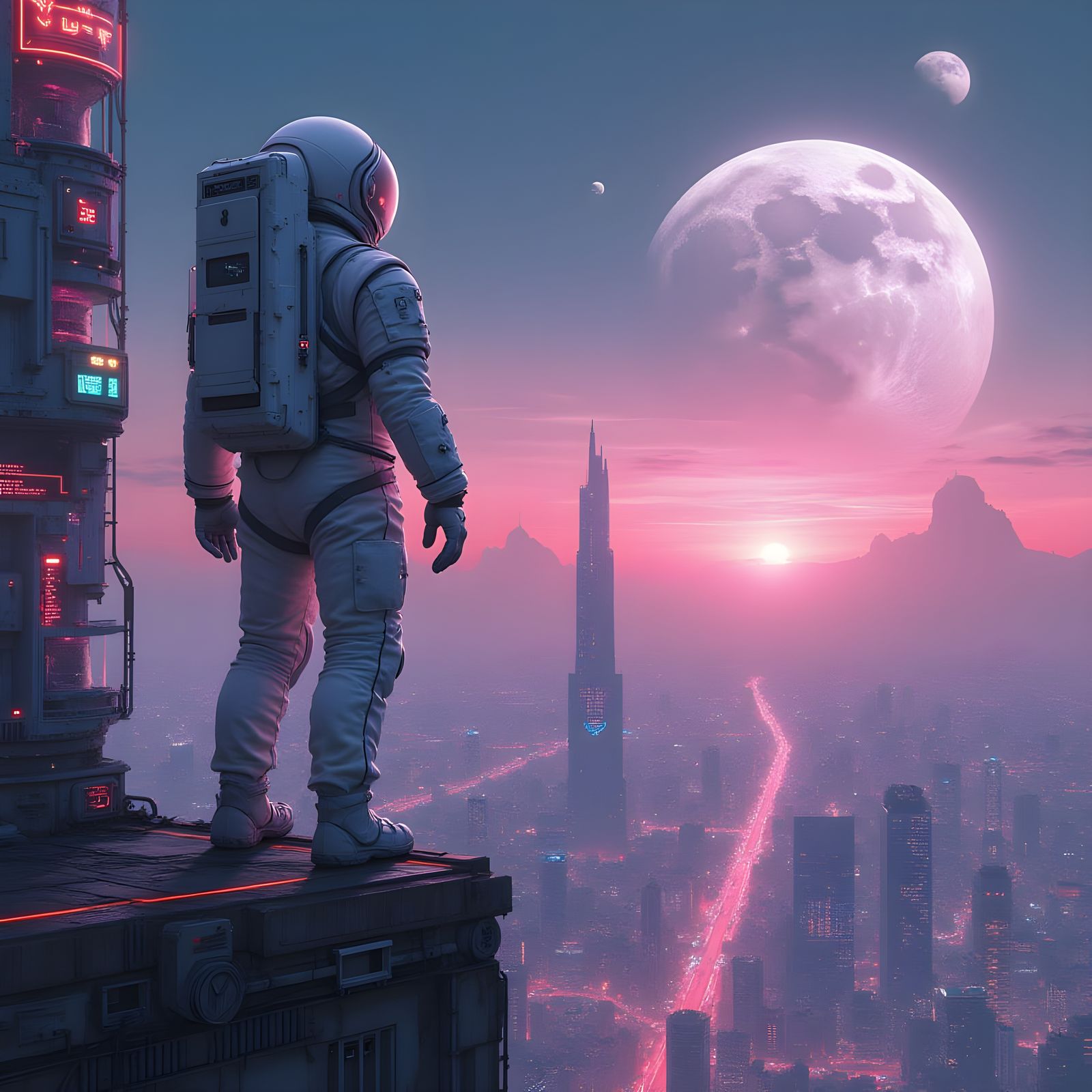 Astronaut Stands at Edge of Futuristic Space Base Under Hype...