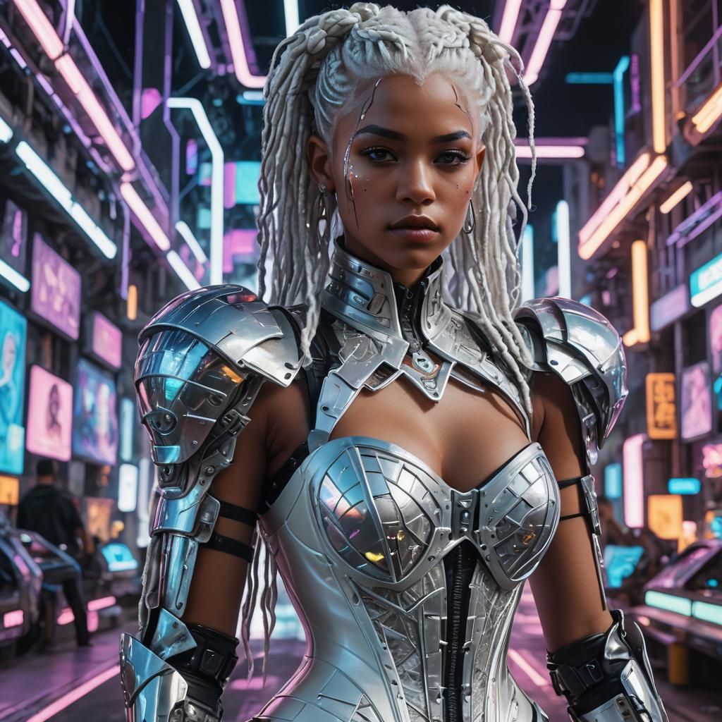 Cyberpunk Woman with Platinum Hair in Holographic World