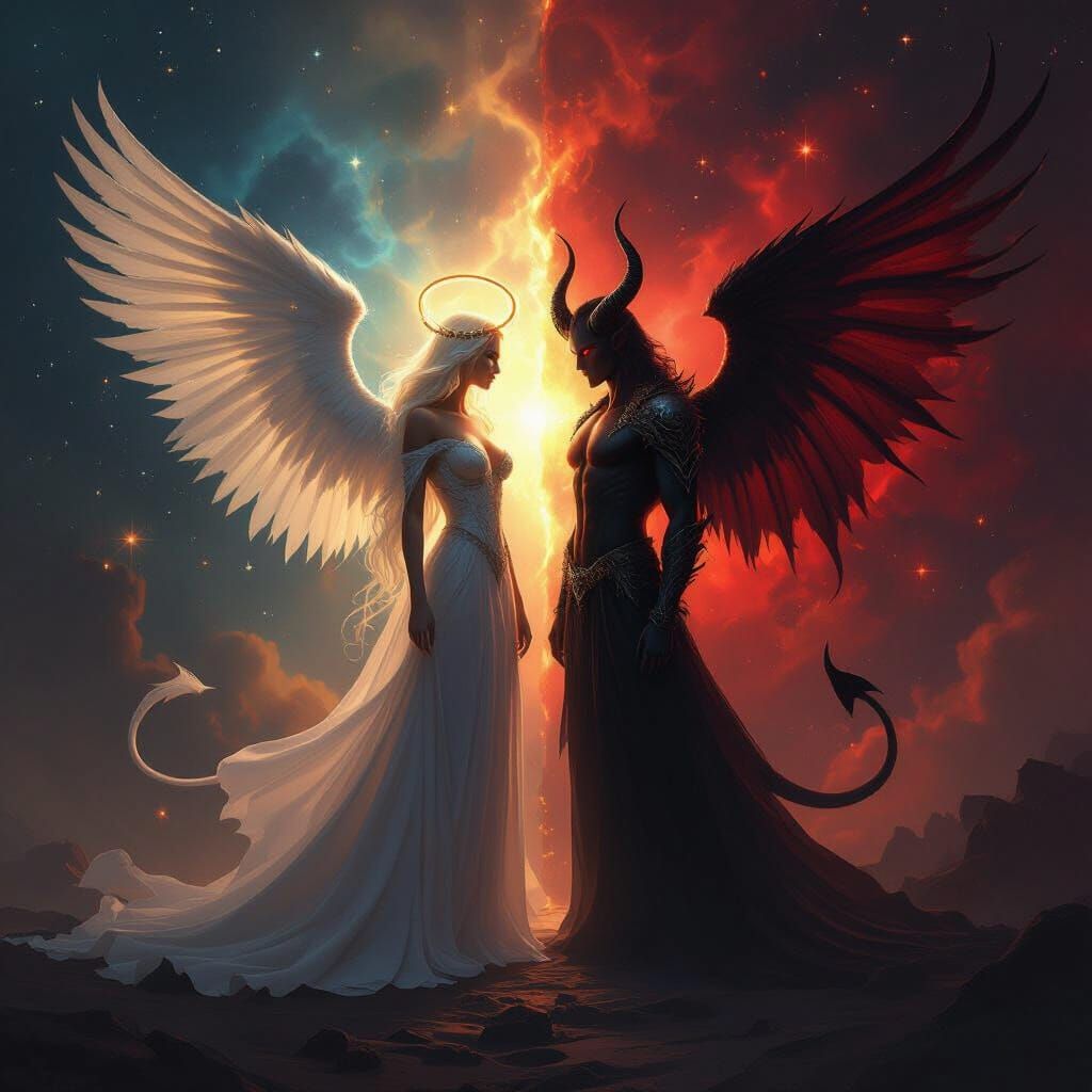 Angel and Devil Cosmic Being in Dramatic Digital Art