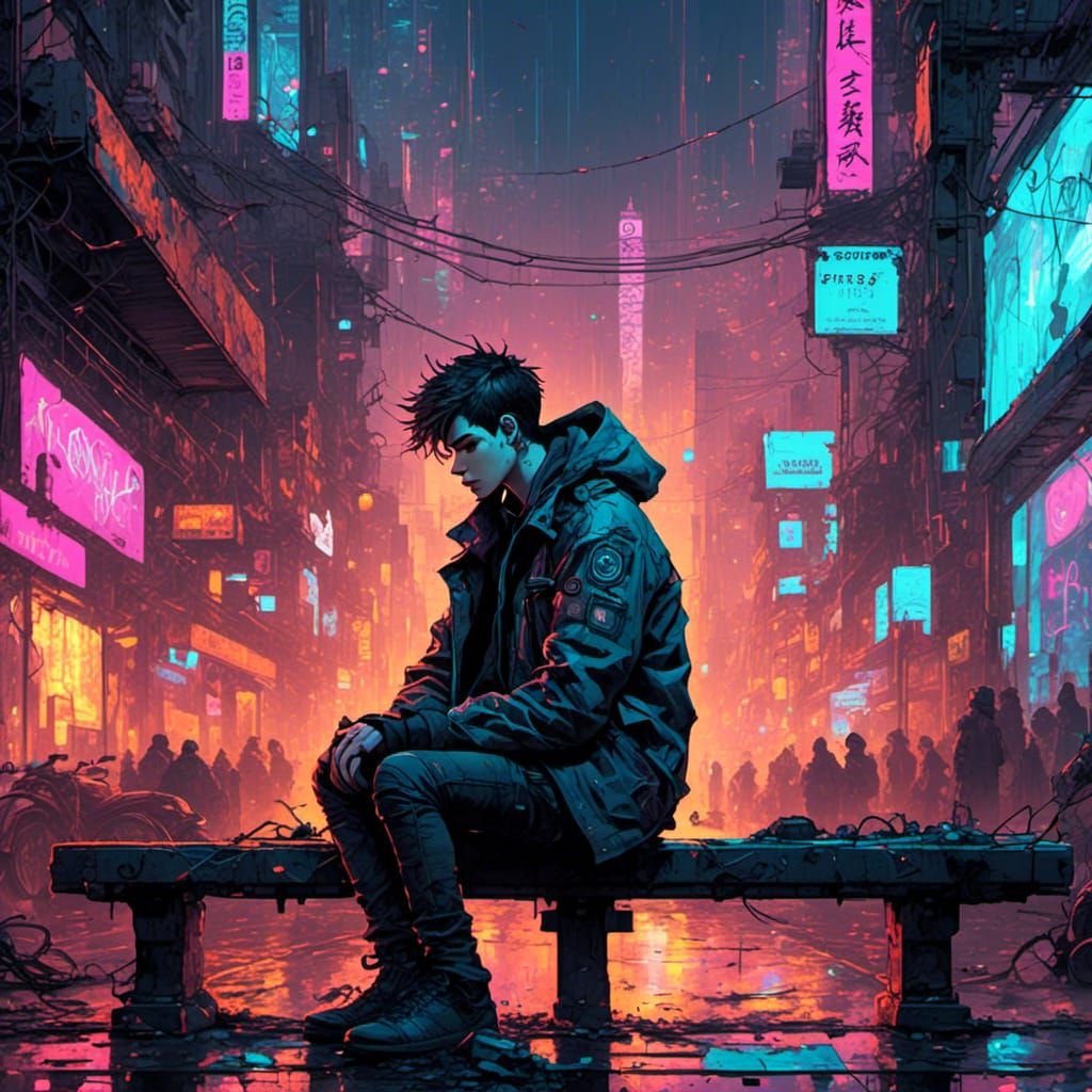 Cyborg in Dystopian Cityscape, Cyberpunk Concept Art
