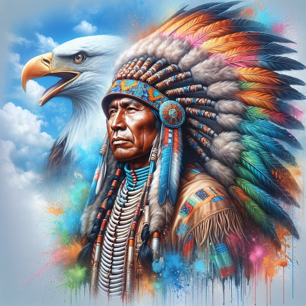 Native American Chief Portrait in Airbrush Style