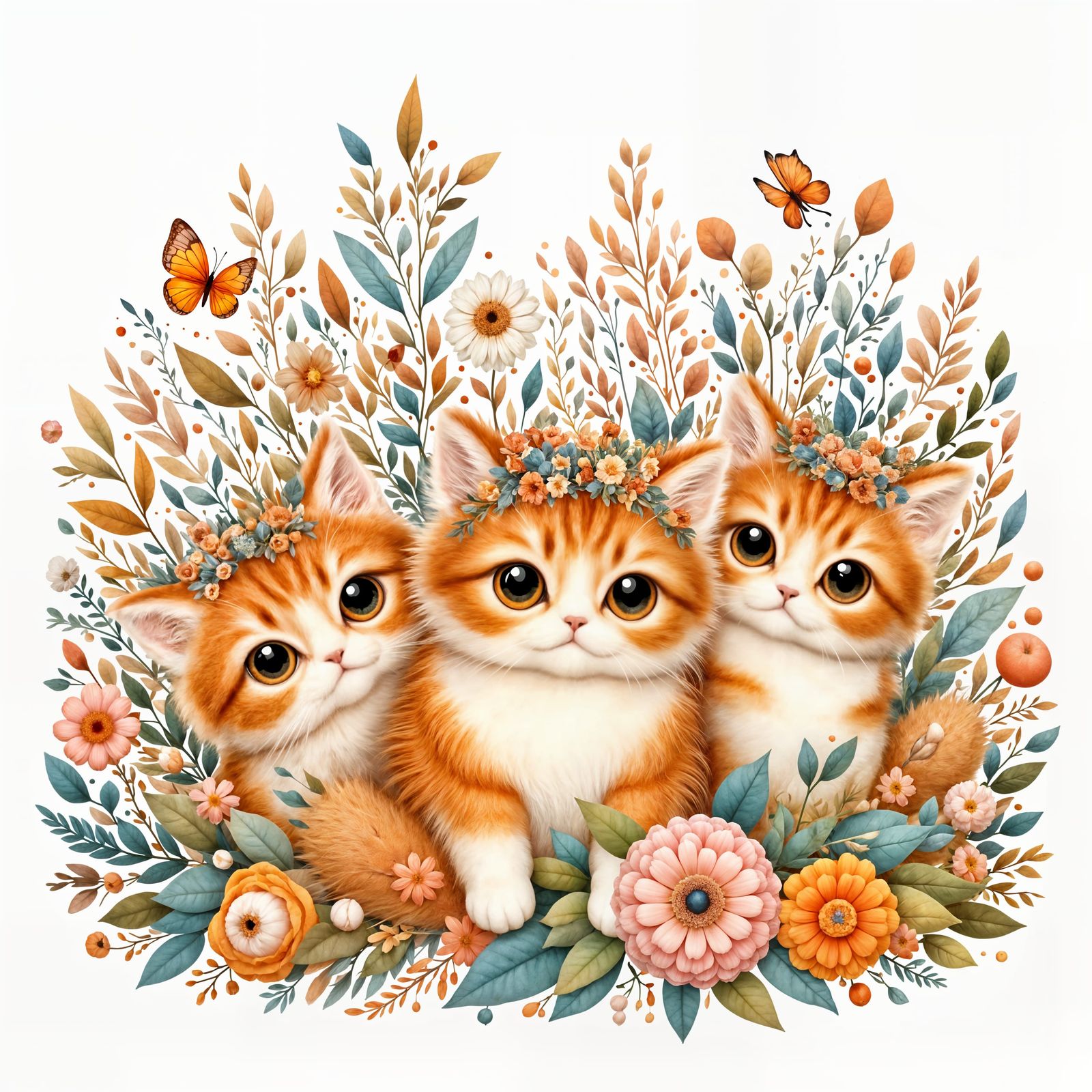 Orange Tabby Cats Surrounded by Flowers