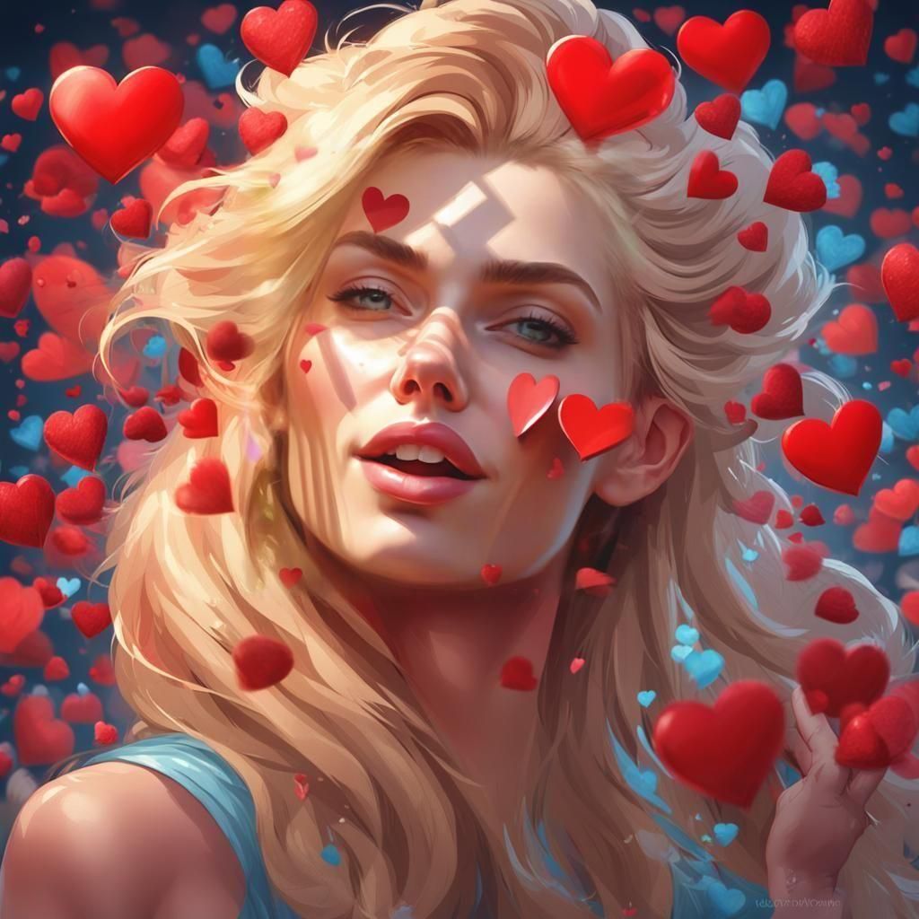 Blonde Woman Blowing Kiss with Hearts, Detailed Portrait