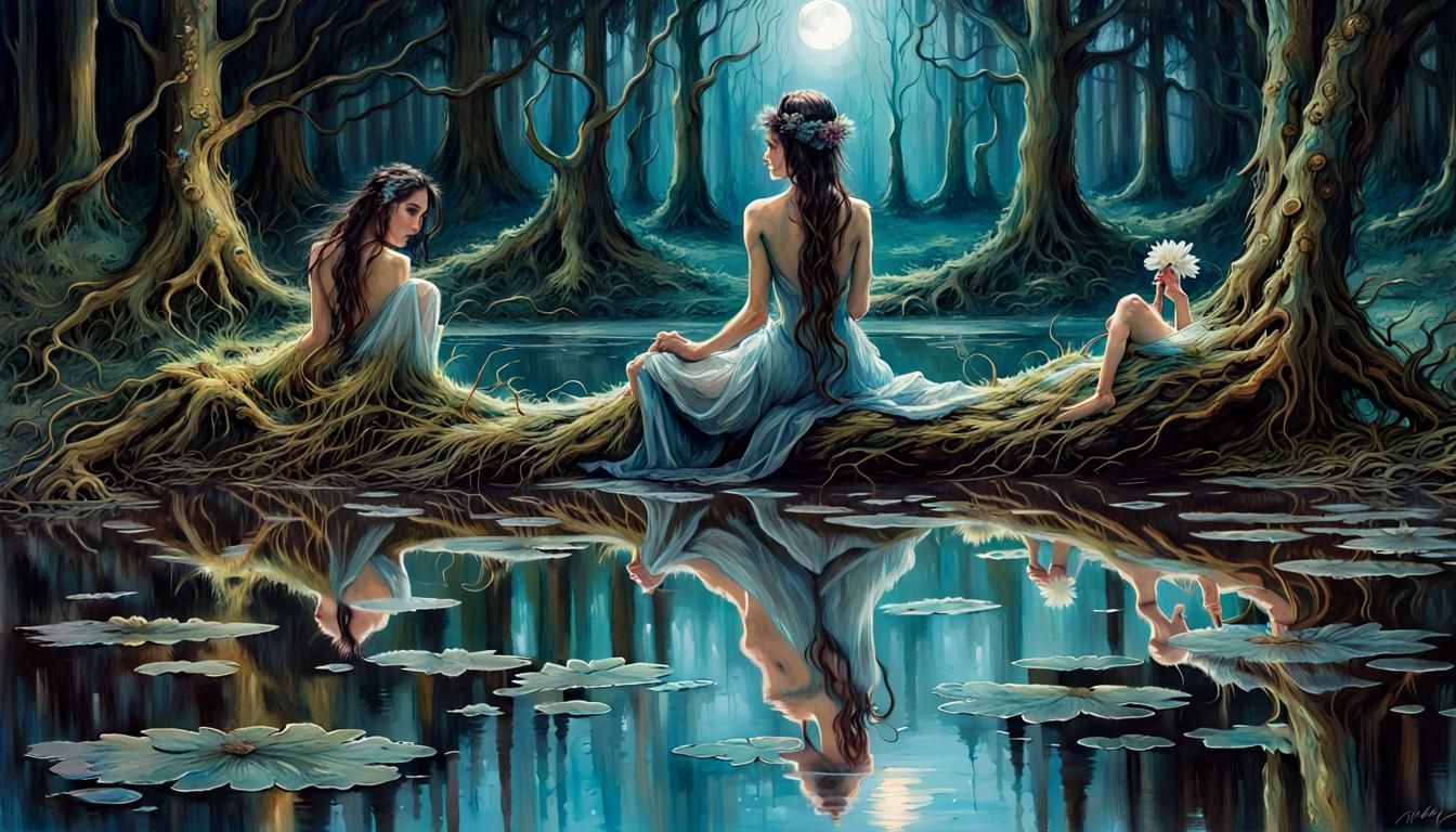 Bioluminescent Goddess Lilith Reflects in Pond