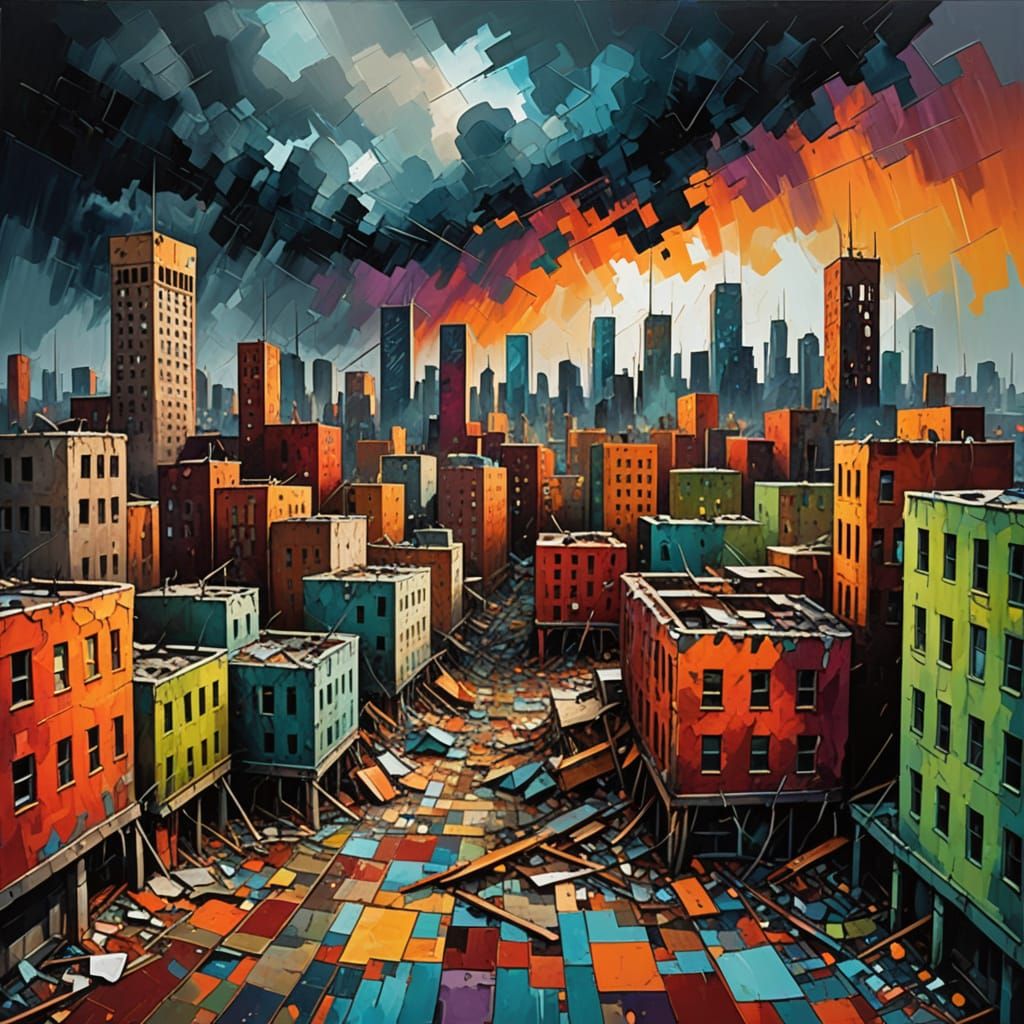 Crumbling Cityscape Under Stormy Sky in Abstract Style