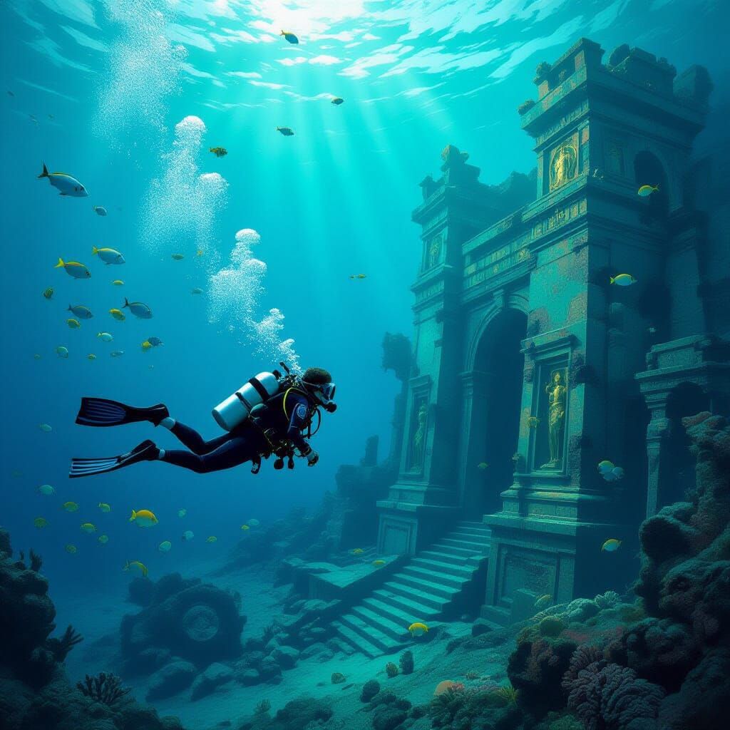 Atlantis Ruins Explored by Diver: Atmospheric Digital Art