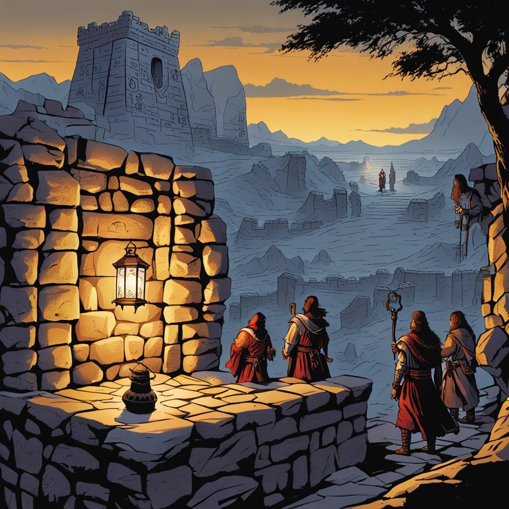 Fantasy Lantern Illuminates Hieroglyphics on Stone Wall