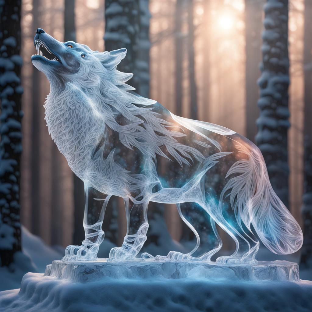 Ice Wolf Sculpture in Forest with Light Beams
