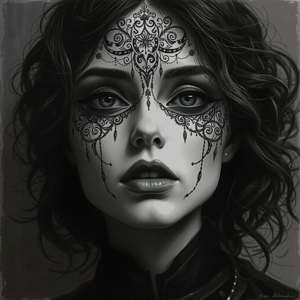 Ethereal Woman with Silver Filigree in Charcoal Style