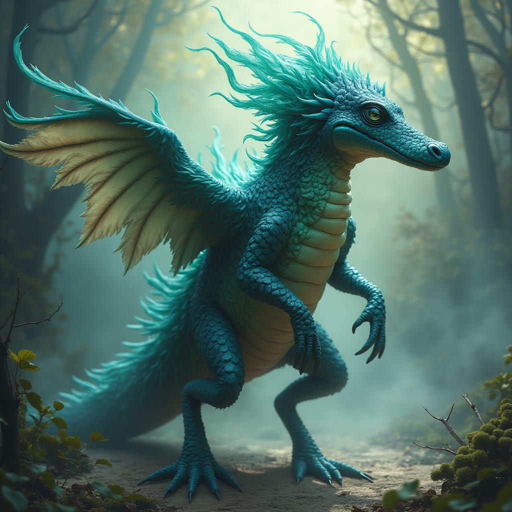 Mystical Crocoduckeman Emerges from Dreamlike Landscape