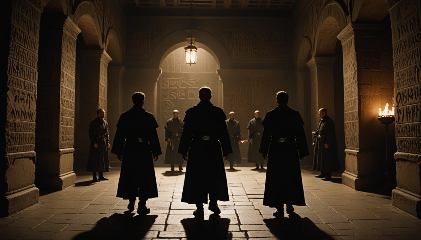 MIB Agents Guide Conspirators in Shadowy Chamber with Glowin...