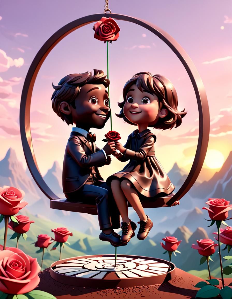 Chocolate Bar Man and Rose on Sunset Swing
