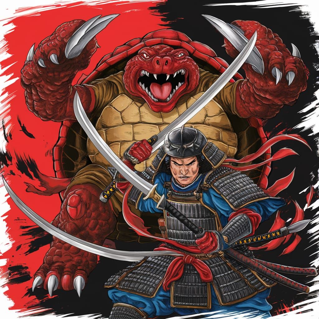 Samurai vs. Red Turtle Monster in Fierce Battle
