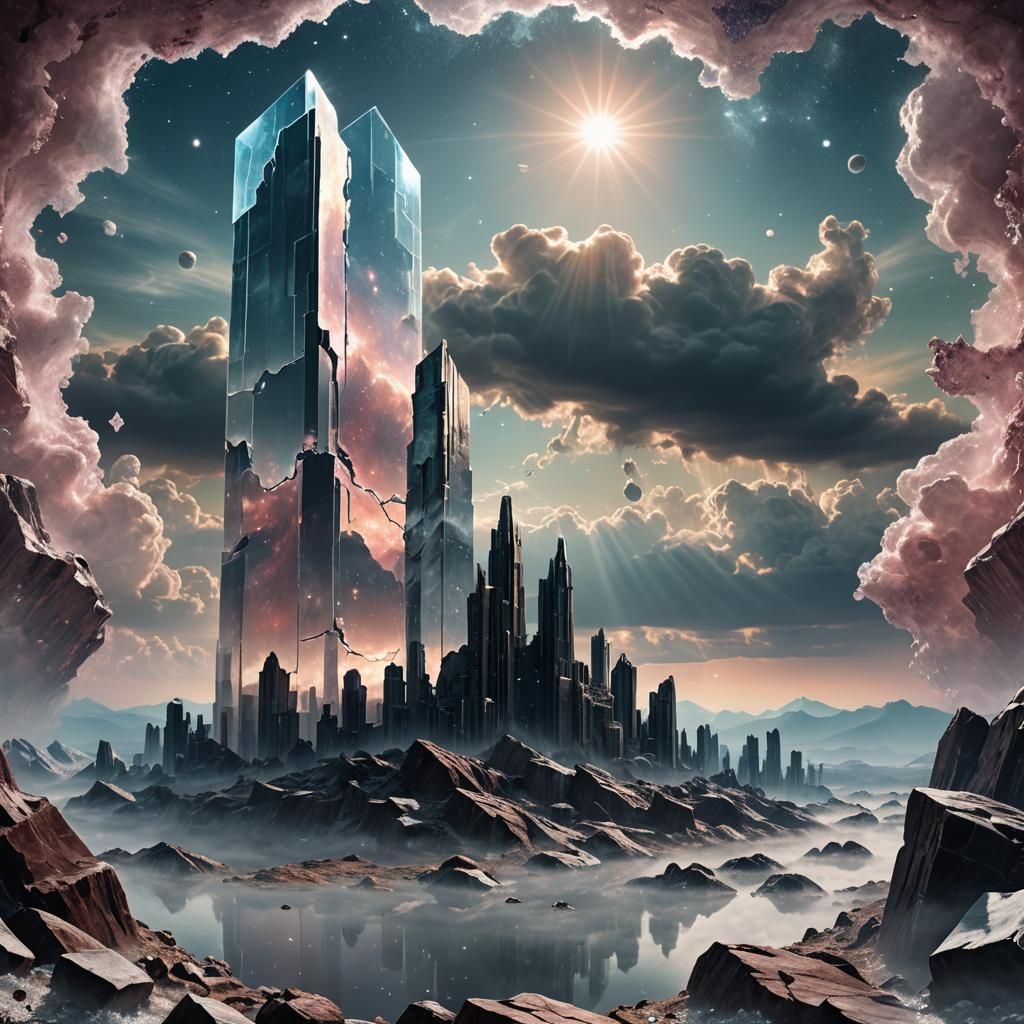 Surreal Cityscape with Ghostly Monoliths in Stained Glass St...