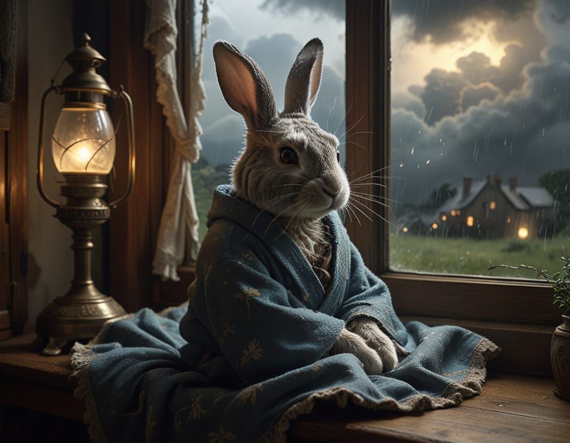 Whimsical Rabbit Seeks Serenity in Turbulent Storm