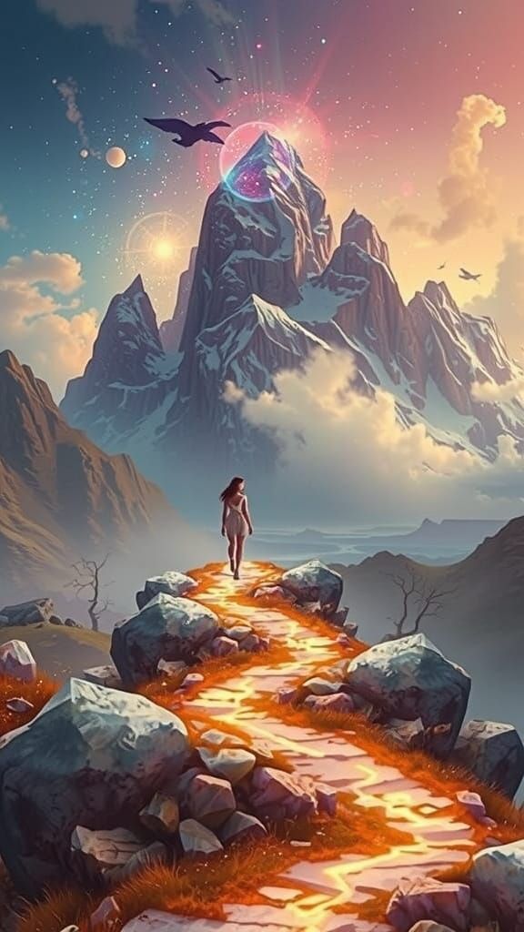 Ethereal Woman on Crystal Path to Mountain