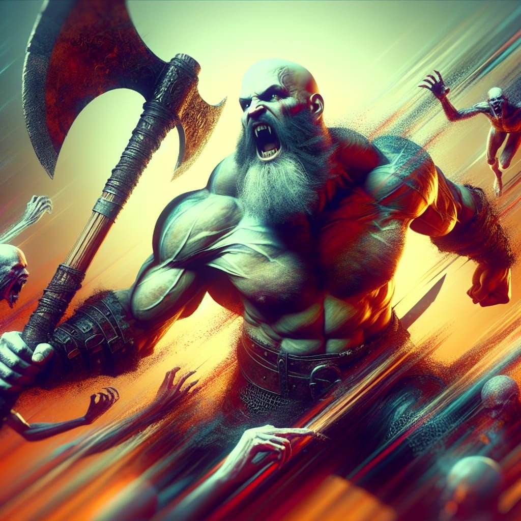 The human fierce bearded and bald barbarian vampire