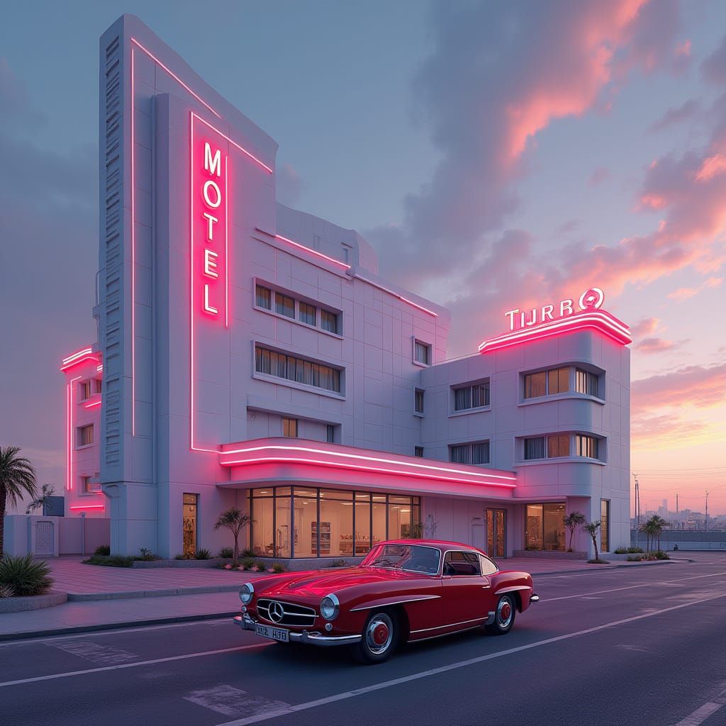 Futuristic Techno Motel with Red Mercedes