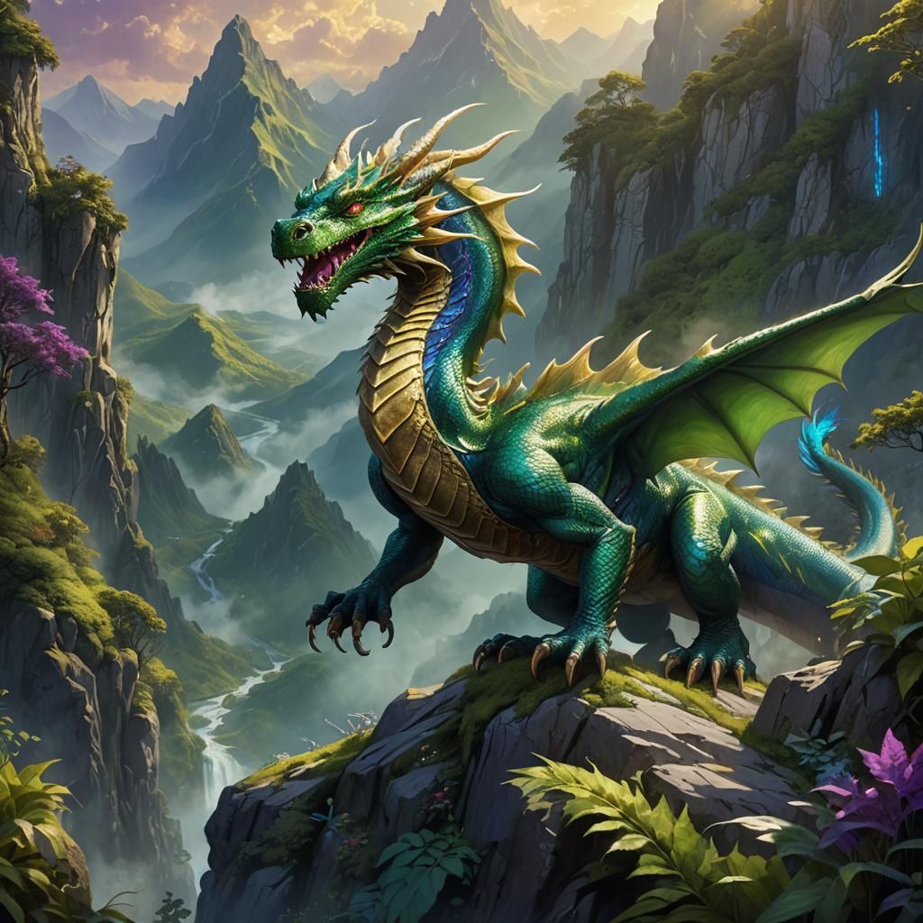 Iridescent Green Dragon in Misty Mountains