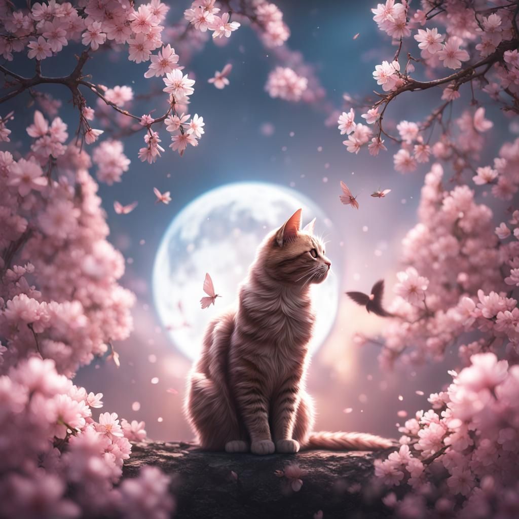 Cherry Blossom Moon and Angel Cat in 3D