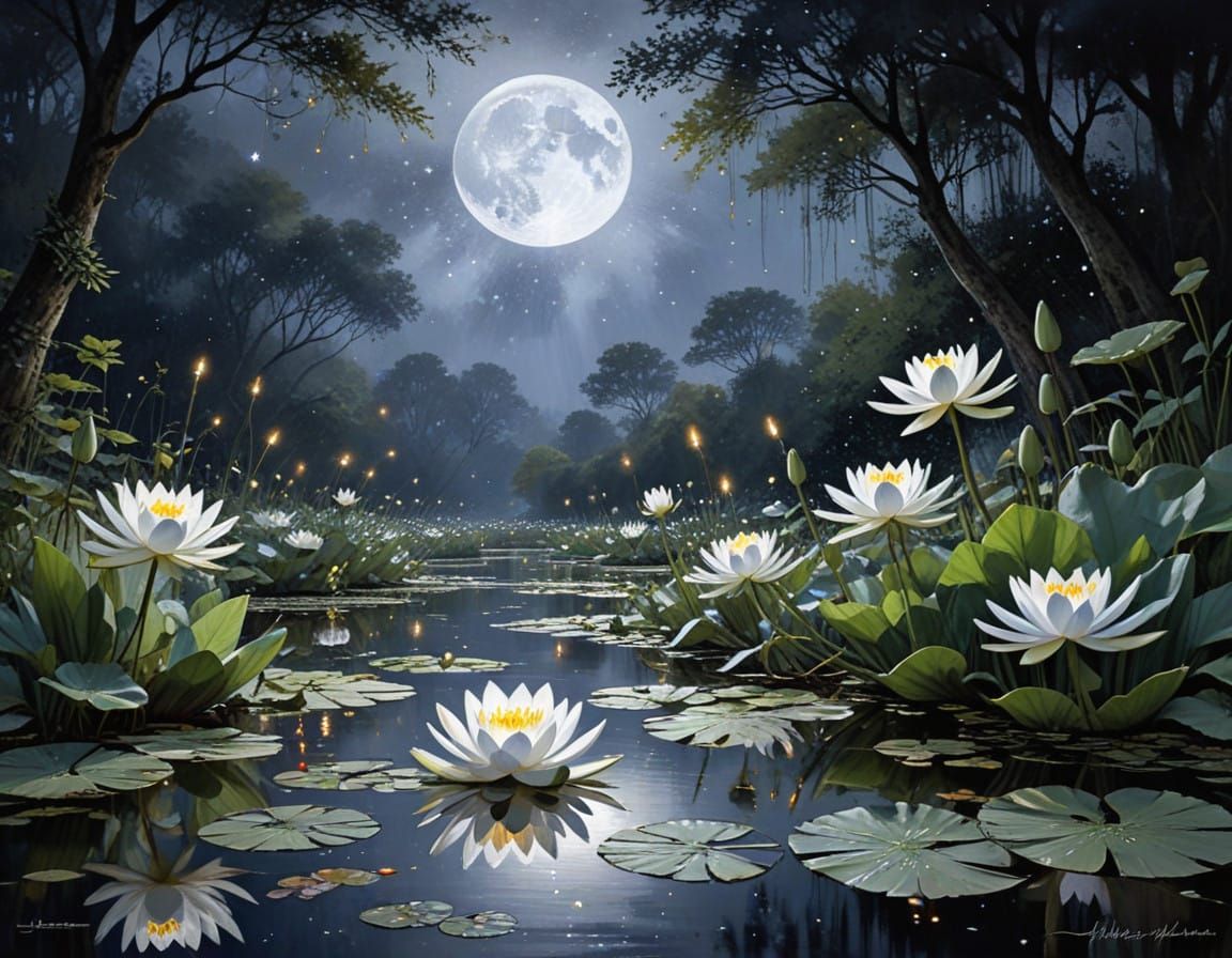 Peaceful Moonlit Lake Scene with Water Lilies and Fireflies