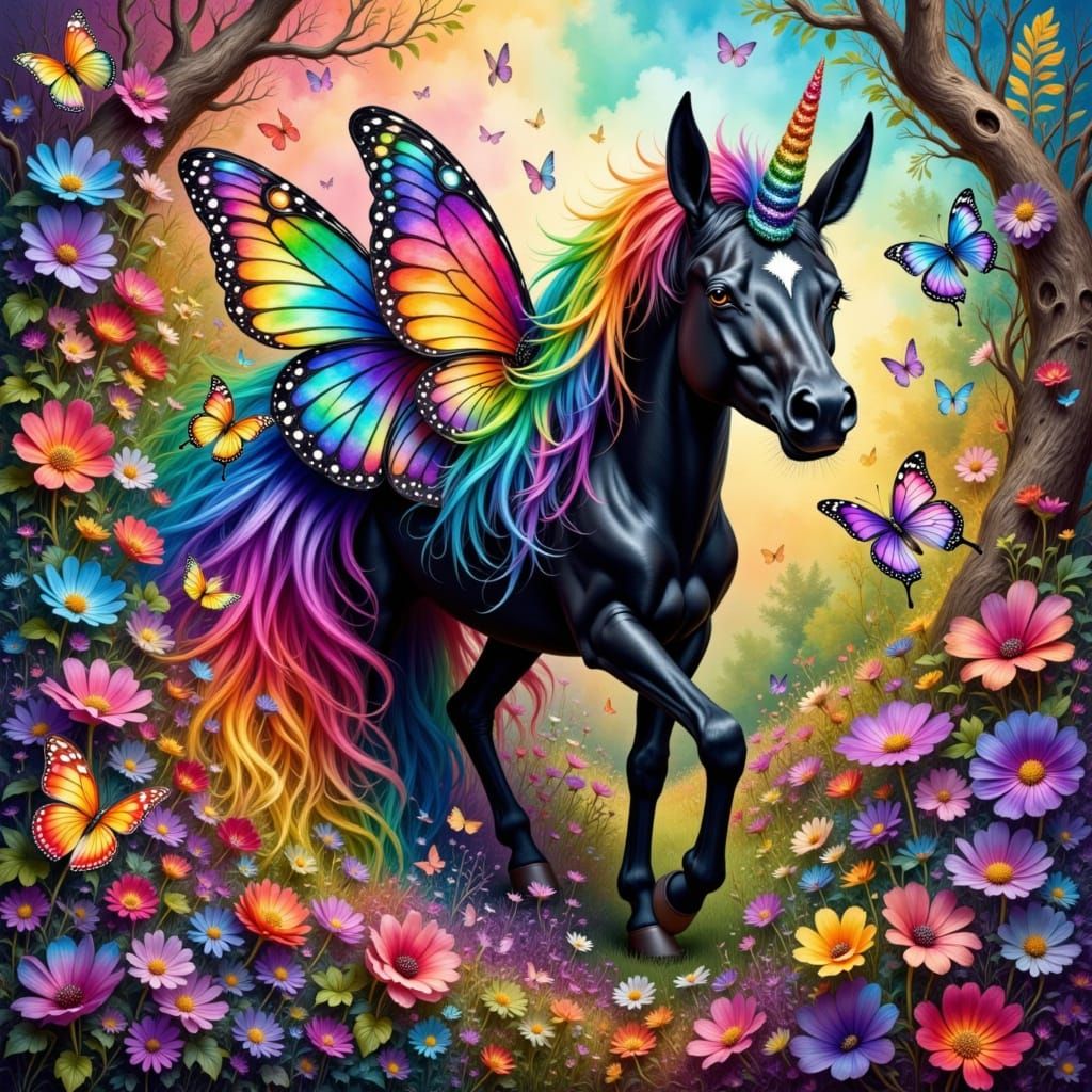 Magical Unicorn Horse Collage in Frida Kahlo Style