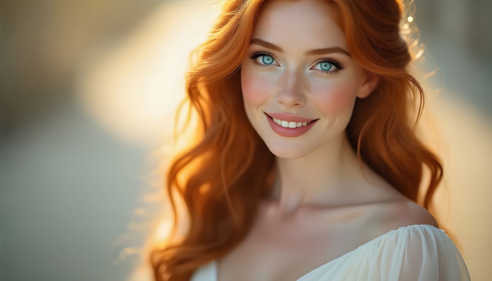Photorealistic Portrait of Smiling Red-Haired Woman