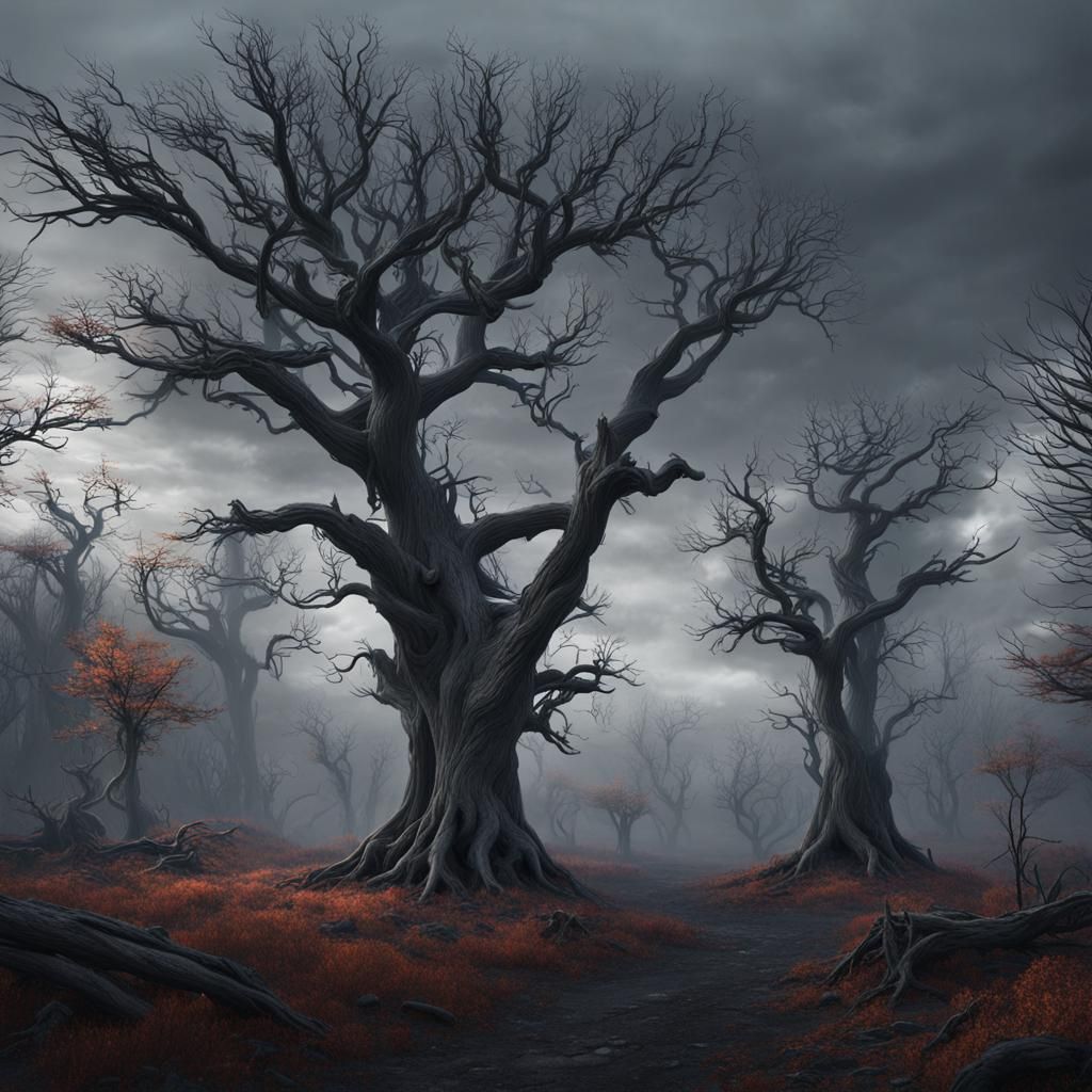 Leafless Trees Against Gray Sky, Matte Painting