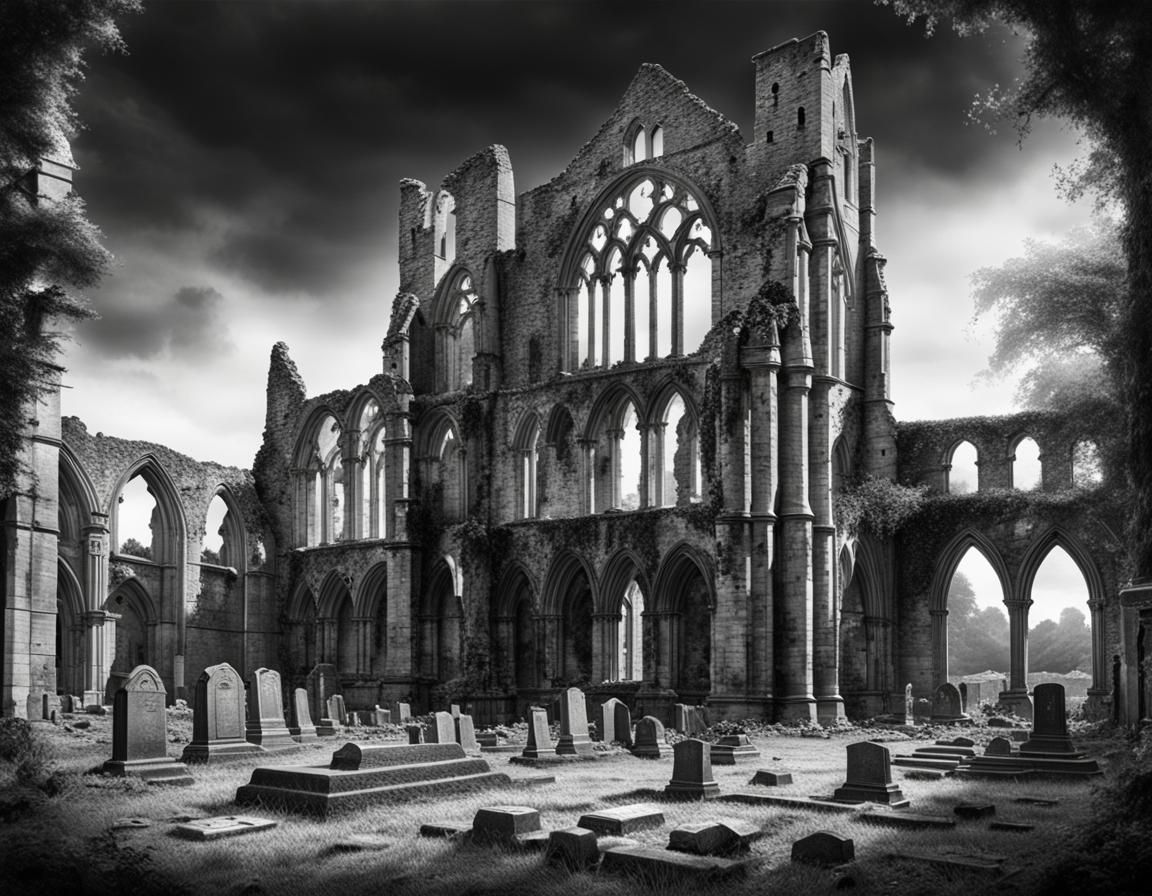 Historical Abbey Ruins in Greyscale Ink Drawing