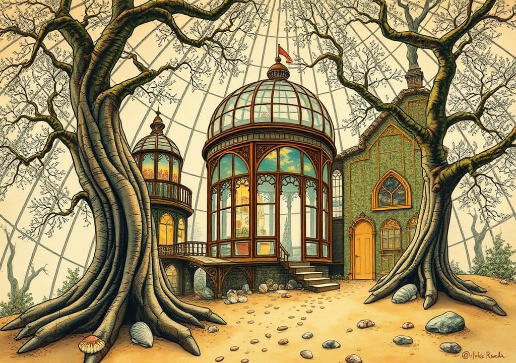 Glass Greenhouse Cathedral in Voynich Manuscript Style