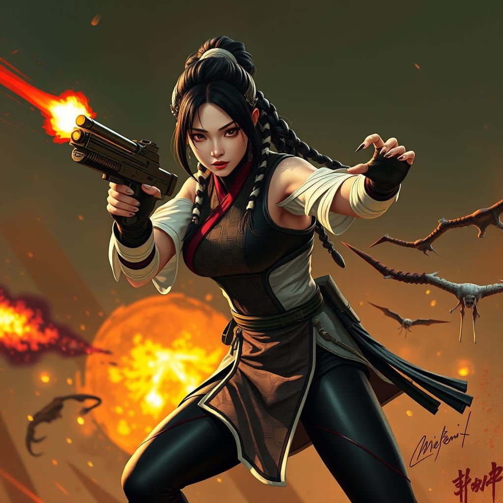 Ethereal Cyber Warrior Unleashes Blaster in Futuristic Battl...