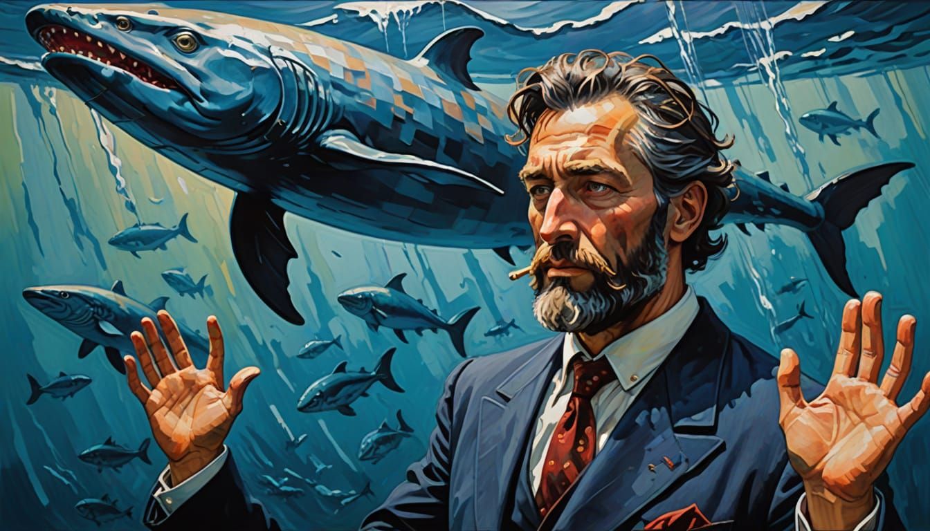 Cyberpunk Ahab in Gouache Style