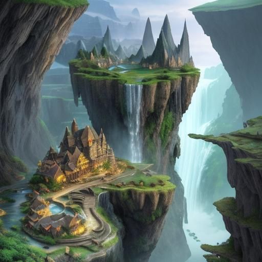 Fantastical Alien Village Landscape with Waterfalls